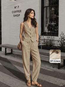 Women's Casual Linen Blazer Vest And Pants Set, Spring/Summer - Khaki - View 3