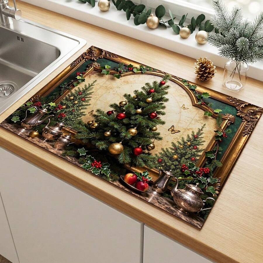 1pc Dish Drying Mat, Coffee Machine Mat, Vintage European Christmas Pattern Absorbent Mat, Quick Drying And Easy To Clean, Protects Tabletop From Scratches, Suitable For Kitchen Counter, Dining Table, Sideboard, Christmas Holiday Atmosphere Decorative Mat, Multi-Purpose Drainage Mat, Home Gift, Tabletop Decor