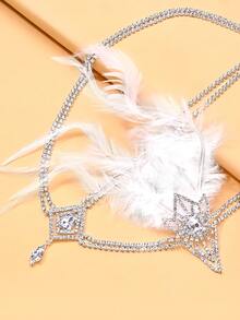 1pc 1920s Flapper White Feather Forehead Headband With Rhombus Rhinestone Water Drop Pendant, Gatsby Women's Evening Party Headpiece - Rhinestones - View 7