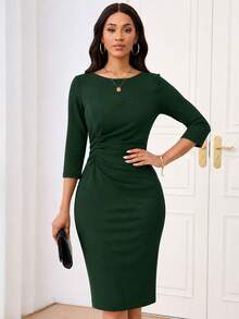 Women's 3/4 Sleeve Elegant Ruched Fitted Bodycon Work Dress - Dark Green - View 1