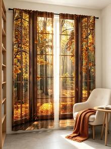 2pcs Autumn Forest Landscape Printed Window Curtains, Nature Tree Scenery Design, Light Filtering Polyester Rod Pocket Curtains For Bedroom Living Room Home Decor - Multicolor - View 1