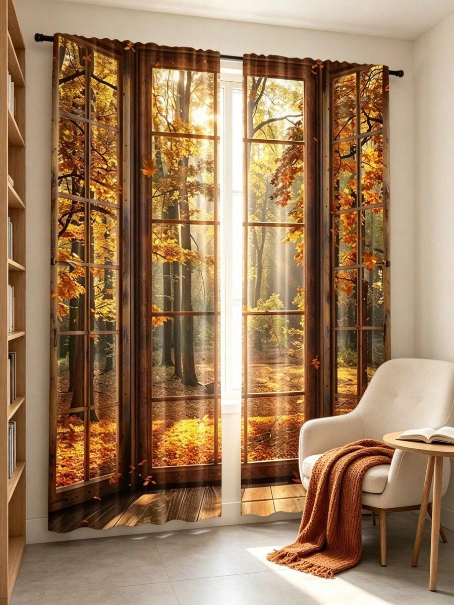 2pcs Autumn Forest Landscape Printed Window Curtains, Nature Tree Scenery Design, Light Filtering Polyester Rod Pocket Curtains For Bedroom Living Room Home Decor - Multicolor - View 1