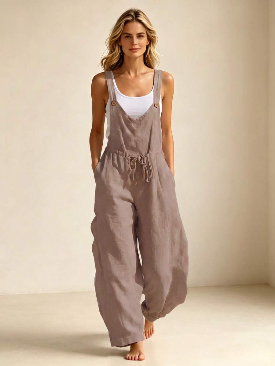 Jumpsuit Musim Panas Wanita, Romper Wanita Musim Semi/Panas, Cocok untuk Liburan/Santai/Rumah/Pakaian Sehari-hari, Celana Panjang Wanita dengan Kancing dan Tali Serut di Pinggang, Pakaian Liburan Wanita - Mocha Brown - View 1