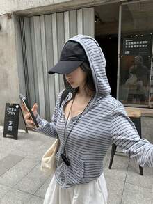 Women's Slouchy Striped Zipper Long Sleeve Hooded Cover Up Jacket, Short Length Sun Protection Cover-Up Top - Grey - View 2
