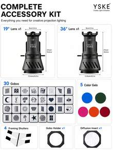 YSKE Bowens Mount Optical Snoot Kit, 19°/36° Projection Lens Spotlight Tube, Includes 30 Pattern Slides And 5 Color Filters, Suitable For Studio Portrait Video Lighting - View 4