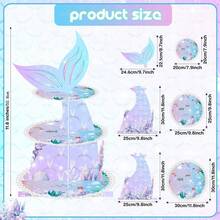 美人魚主題 3 層紙製蛋糕架，夢幻魚尾杯子蛋糕甜點展示架，女孩生日派對嬰兒周歲海洋主題桌面裝飾 - 彩色 - 查看 2