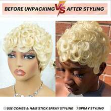 AMECIRE Wig Pixie Cut Keriting Emas, Wig 613, Wig Rambut Manusia dengan Poni, Wig Rambut Pendek Wanita, Bentuk Mengembang 4 Inci, Cocok untuk Semua Orang - S613 - View 4