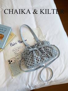 CHAIKA & KILTER 1件裝拼色PU布料托特包，女款時尚單肩托特包，滿版波點圖案，雙手柄設計，拉鍊開合，肩帶裝飾，適合日常與街頭使用 - 淺藍色 - 查看 4