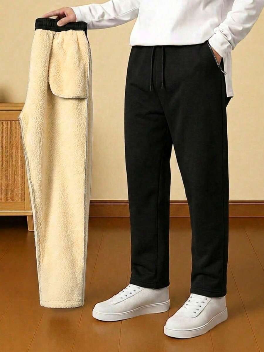 1pc Men's Thermal Lined Thickened Autumn/Winter Casual Sweatpants, Simple Fashion Style, Straight Leg Loose Fit Slimming Long Pants With Drawstring Waist, Versatile For Daily Commute - Black - View 1
