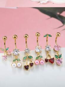 Cute Cherry Belly Button Rings For Women Dangly Belly Piercing Jewelry Navel Ring Pearl Heart Dangle Belly Button Piercings Daily Gift Party - Belly Button Ring - View 6
