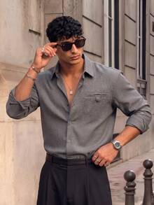 Lookun Men's Gray Shirt, Turn-Down Collar, Long Sleeve, Slightly Loose Fit, Italian Retro Style, Chest Pocket, Button Decor, Casual Daily Commute Shirt, Spring/Summer - Grey - View 4