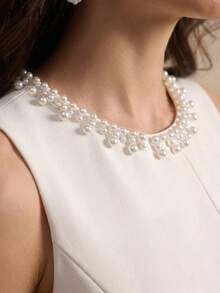 ALIAO Spring Summer Solid Color Dress, 3D Pearl Embellishment, Square Neck Sleeveless, Dinner Party Elegant - Apricot - View 2