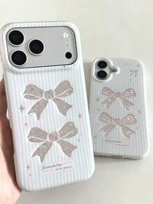 1pc Pink & Green Striped Bow & Star Print Phone Case, Full Coverage Anti-Drop Raised Camera Protection TPU Soft Shell Protective Cover Compatible With IPhone 17/17Pro/17ProMax/16/16Pro/16ProMax/15/15Pro/15ProMax/14/14Pro/14ProMax/13/13Pro/13ProMax Series - Multicolor - View 3