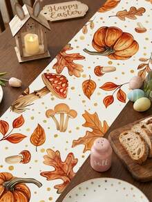 1 Pc Pumpkin Maple Leaf Mushroom Plaid Print Table Runner Farmhouse Autumn Style Polyester Rectangle Wrinkle Resistant Decorative Table Scarf Dining Home Thanksgiving Fall Daily Use - Burnt Orange - View 4