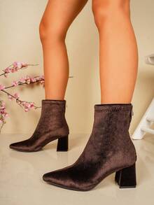 European And American Style Pointed Toe Chunky Heel Ankle Boots For Women, Back Zipper Vintage Versatile Autumn/Winter High Heel Boots - Coffee Brown - View 2