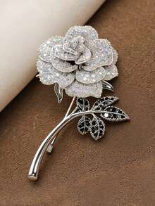 1pc Women's Brooch, Shawl, Cheongsam, Scarf, Square Scarf Accessory, Elegant High-End Women's Brooch, Rhinestone Rose Design - Silver - View 1