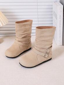 Mid-Calf Flat Boots For Older Kids Students, Fashion Pleated Boots - Beige - View 1