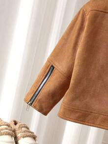 Young Girls Autumn/Winter Diagonal Zipper Loose Collar Short Jacket Casual Outerwear - Brown - View 6