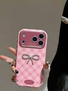 Ins Style Houndstooth Pink Bow Phone Case Compatible With Iphone 16, 17 Pro Max, 15, 14, 18 Pro Max, Full Coverage Anti-Drop, Niche Design For Women - Pink - View 4