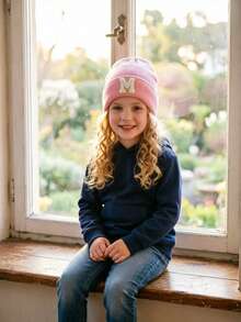 1pc Personalized Children's Knitted Hat, 26 Letters, Minimalist Solid Color, Versatile For Boys And Girls, Suitable For 3-8 Years Old, Daily Wear, Autumn/Winter - Pink - View 3