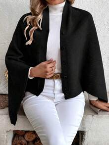 Women's Asymmetric Hem Knit Cape Sweater, Solid Color High Neck Side Button Detail Shawl Cape, This Versatile Shawl Can Be Styled In Multiple Ways Throughout The Year, Elegant Design, Solid Color Fabric, With Buttons, Suitable For Wearing In Air-Conditioned Environments. - Black - View 6