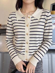 Autumn Striped Polo Collar Knit Cardigan, Exquisite Metal Gold Button Design, Slim Fit Waist, Vintage Elegant Slimming Versatile Long Sleeve Top Fall - Black Apricot Stripes - View 7