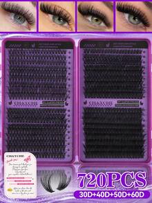 720/666/648/180 Clusters D Curl Single Strand False Eyelashes, Large Capacity, Suitable For Beginners, Long-Lasting Thick And Fluffy, Big Eye Makeup, Classic Realistic Bundled False Eyelashes, Includes Adhesive, Sealer, Tweezers, Brush - Purple - View 16