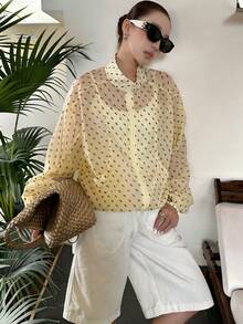 Women's Loose Slightly Sheer Jacket, Polka Dot Ditsy Floral, Fashionable Stand Collar, Versatile Relaxed Commuter Outerwear, Vacation, Preppy Style - Yellow Floral Pattern - View 1