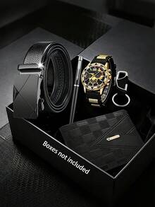 5-Piece Set Fashion Men's Sports Watch Calendar Accessory Set: Pen + Belt + Keychain + Embossed Wallet, Father's Day Gift, Back To School, Daily Life - Multicolor - View 1