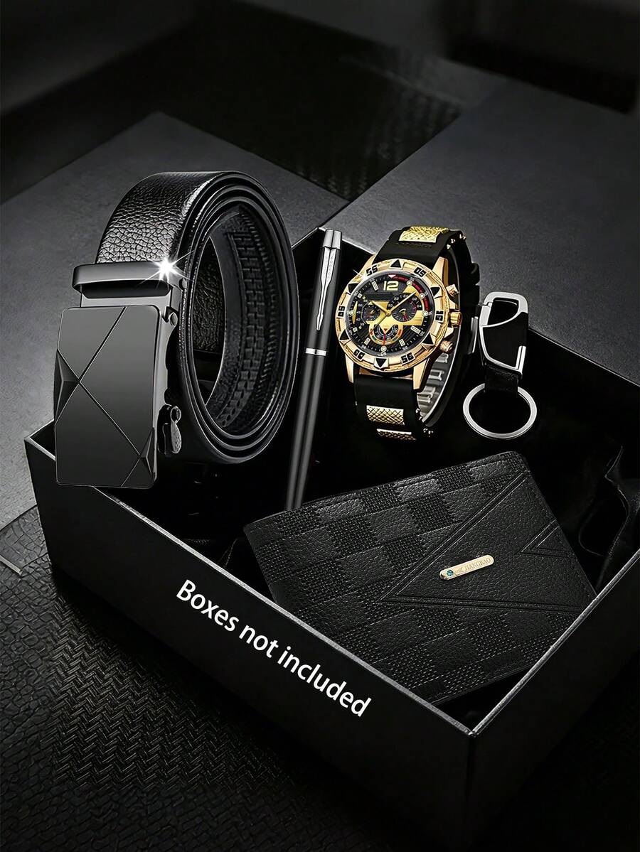 5-Piece Set Fashion Men's Sports Watch Calendar Accessory Set: Pen + Belt + Keychain + Embossed Wallet, Father's Day Gift, Back To School, Daily Life - Multicolor - View 1