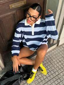 HH Women's Spring/Autumn Street Style Fashion Wide Striped Polo Collar Loose Fit Long Sleeve Halloween Sweater - Blue - View 10