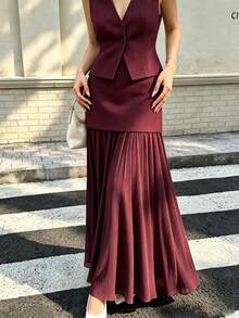 Seelio Spring/Summer New Fashion Versatile Women's Knit Pleated Patchwork Skirt - Burgundy - View 1