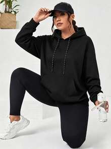 Women's Plus Size Hooded Sweatshirt, Spring/Autumn Style, Black Long Sleeve Sweatshirt Simple Retro Commuting Versatile, Daily Casual Sports Wear - Black - View 1