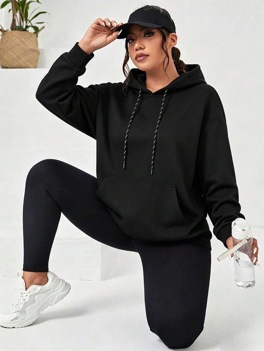 Women's Plus Size Hooded Sweatshirt, Spring/Autumn Style, Black Long Sleeve Sweatshirt Simple Retro Commuting Versatile, Daily Casual Sports Wear - Black - View 1