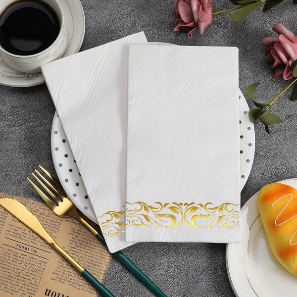 50pcs - Linen Texture Disposable Bathroom Napkins, Soft Absorbent Paper Towels, Disposable Hand Towels, Suitable For Bathroom, Party, Wedding, Dinner, Gold, 12in X 17in