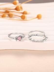 3pcs Set Elegant Cubic Zirconia Rings For Women, Wedding Engagement Party Jewelry, Valentine's Day Gift - Silver - View 3