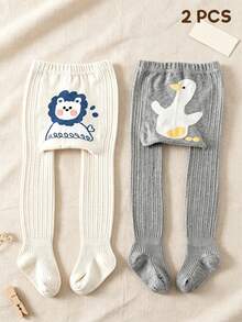 2件組兒童卡通彩色可愛動物圖案嬰兒褲襪，中性幼兒打底褲 - 彩色 - 查看 1