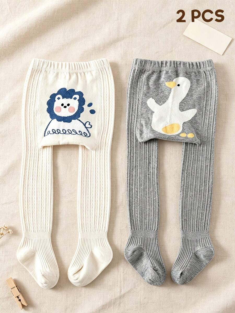 2件組兒童卡通彩色可愛動物圖案嬰兒褲襪，中性幼兒打底褲 - 彩色 - 查看 1