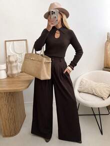 Women's Polo Collar Hollow Metal Decor Ribbed Knit Top, Long Sleeve Slim Fit Pullover Elegant Sweater For Autumn - Brown - View 5