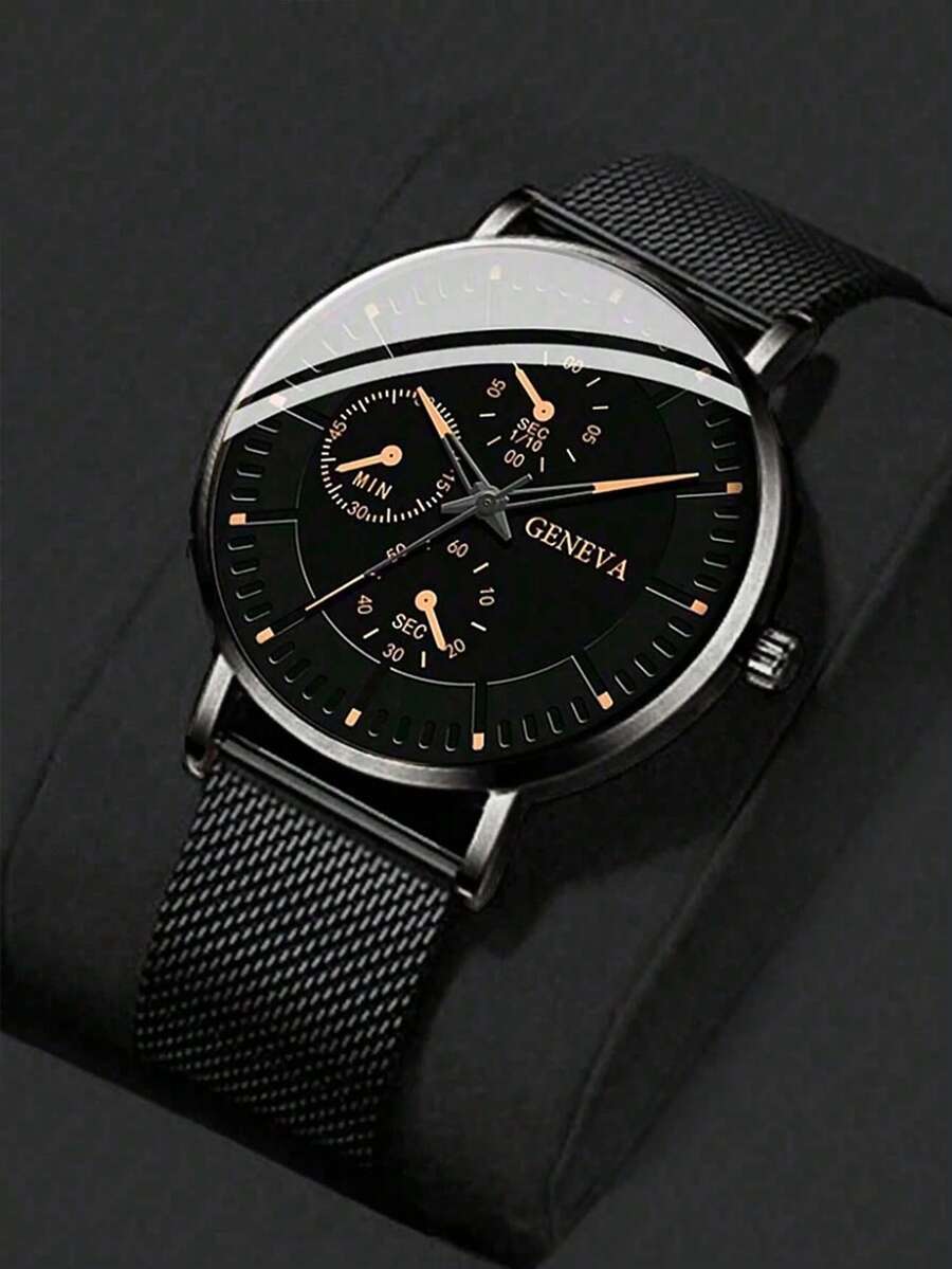 Men's Watch, Black Stainless Steel Strap Casual Round Dial Quartz Watch, Suitable For Daily Life, Can Be Used As A Gift For Back-To-School Students - Black - View 1