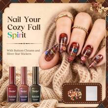 Beetles 6 Colors 9ML Mocha Sweater Cat Eye Gel Nail Polish Set, Brown-Toned Iridescent Magnetic Fall Gel Kit With Button Charms, Star Stickers & Magnet, Soak Off UV Nail Art For Home Manicure - 6 Colors 9ML Mocha Sweater Cat Eye - 查看 5