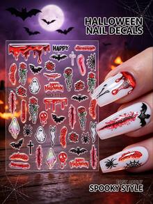 1Sheet Halloween Nail Art Stickers, 3D Self‑Adhesive Nail Decals, Ghost Skull Pumpkin Bloody Handprint Bat Gothic Horror Design, Fall Nails Decor, Halloween Press On Nail Accessories, DIY Manicure Supplies For Women Girls Nail Tech - Multicolor - View 5