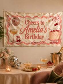 Customized Birthday Banner Personalized Polyester Fabric Backdrop Wall, Customizable Text & Name Sign, Celebrating Birthday Brunch Pajama Party, Pink & Brown Wavy Edge Wall Decor, Suitable For Dessert Table Photo Booth Garden Celebration, Creative Gift For Adult Women - Multicolor 1 - View 2