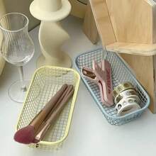 Cream Color Ins Style Rectangular Metal Mesh Storage Basket, Multiple Colors And Sizes Available, Hollow Breathable Sturdy And Durable, Desktop Stationery And Miscellaneous Items Organizer, Student Dorm, Office, Vanity Multi-Functional Storage Box - Multicolor - View 9