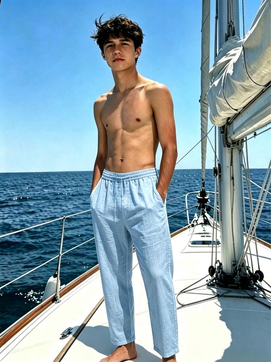 Teen Boys 1pc Simple Loose Outdoor Sports Workout Personalized Linen Texture Solid Color Tall-Looking Long Leg Straight Leg Pants Spring Autumn Winter - Light Wash - View 1