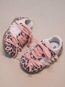 Vintage Leopard Print Patchwork Kids' Lace Trim Double Strap Princess Style Baby Soft Sole Functional Shoes - Pink - View 5
