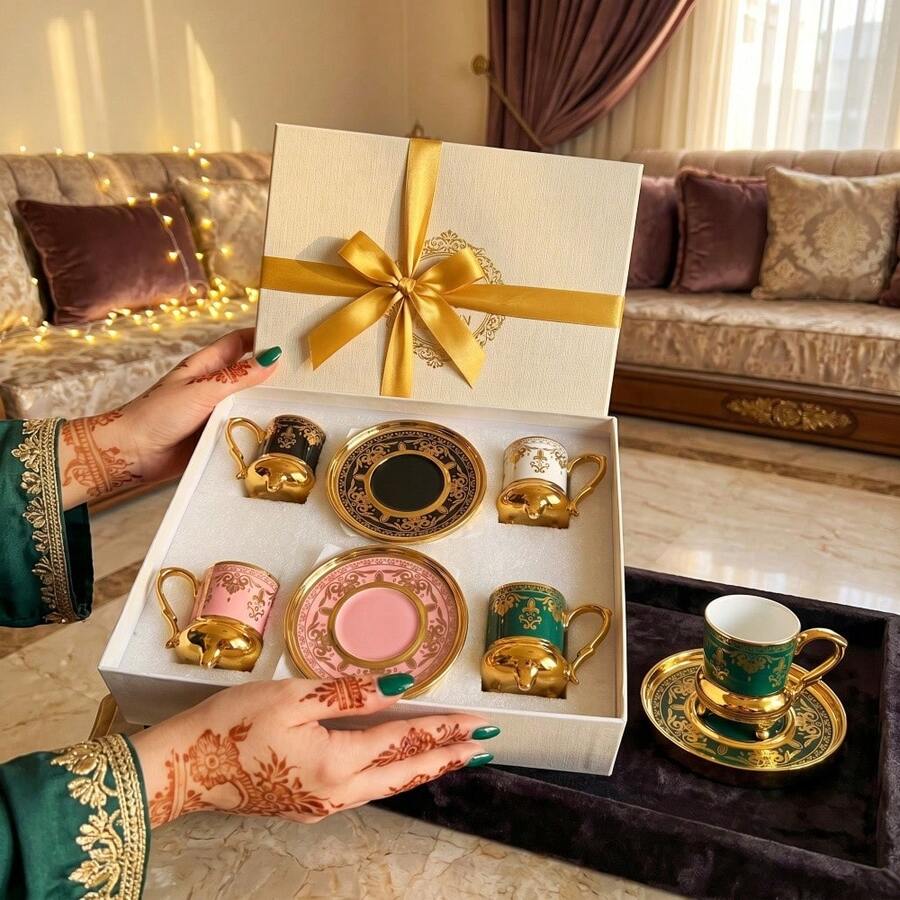 1 Set/6 Sets Premium Gold-Plated Ceramic Arabic Pattern Coffee Cup And Saucer Set, Geometric Pattern 90ml/3.04oz Espresso Cup Suitable For Cappuccino, Latte, Mocha, Office, Afternoon Tea, Cafe, Date Plate, Dessert Plate, Mug, Ceramic Cup, Birthday Gift, Tableware Set, Tea Set Gift Box, Middle East Wedding Gift Tableware, Back To School, Saudi National Day