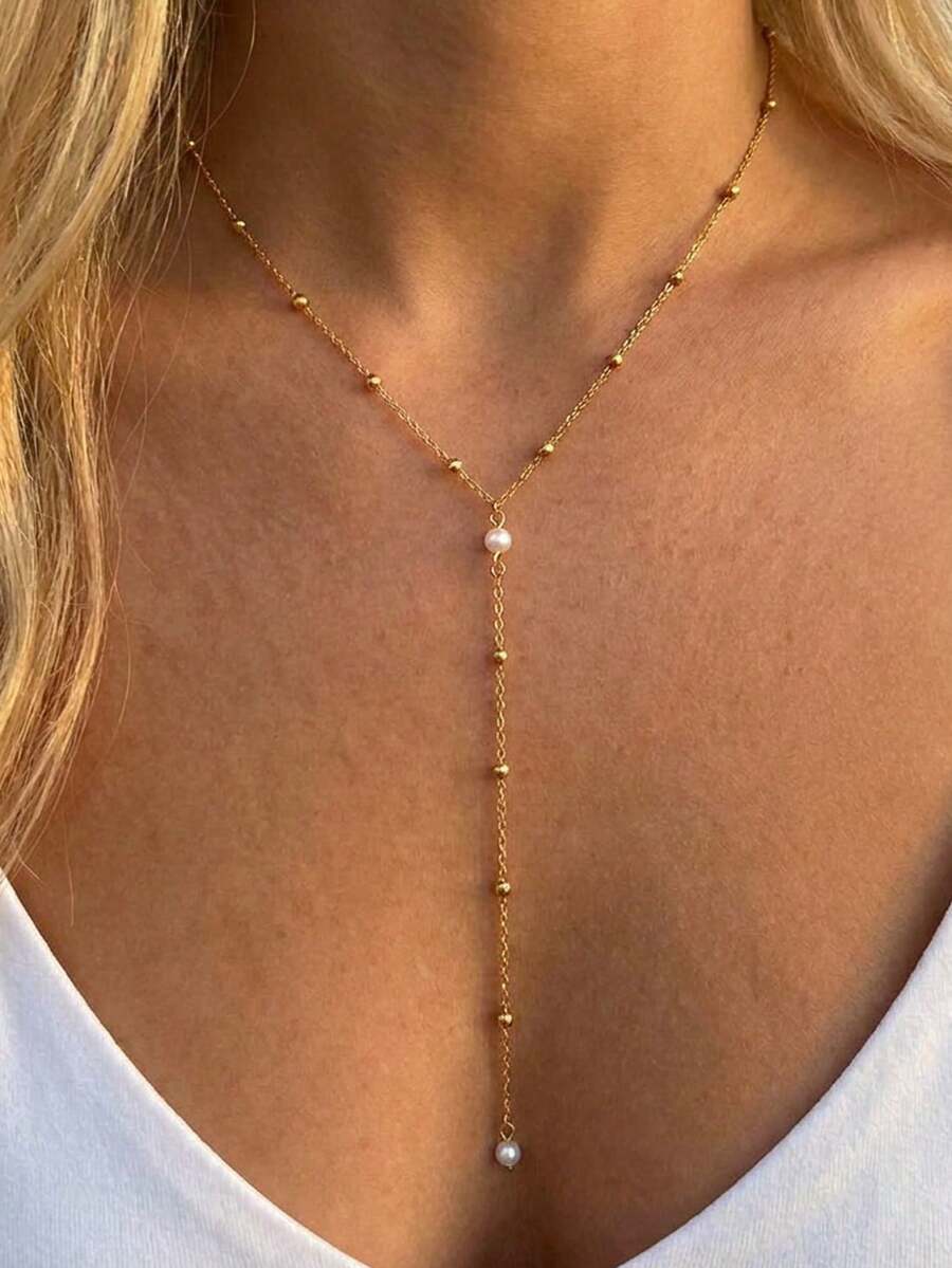 1pc Exquisite Stainless Steel Gold-Plated Necklace For Women, Pearl Accented Y-Shaped Beaded Necklace, Versatile Fashion Vacation Accessory - Gold - View 1