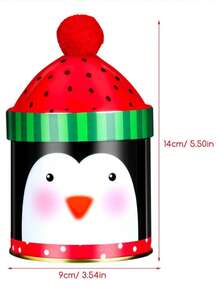 2pcs Christmas Storage Jars, Metal Decorated Penguin & Snowman Cute Red Top Fluffy Lid, Gift Storage Box - Multicolor - View 2