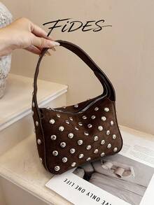 1PC New Women's Vintage Rivet Underarm Bag, Shoulder Small Bag, Durable Suede Zipper Closure Portable Baguette Bag, Street Style Hot Girl Daily Commute Handbag, Suitable For Daily Outings, Shopping, Dating And Other Occasions - Multi-color - View 6
